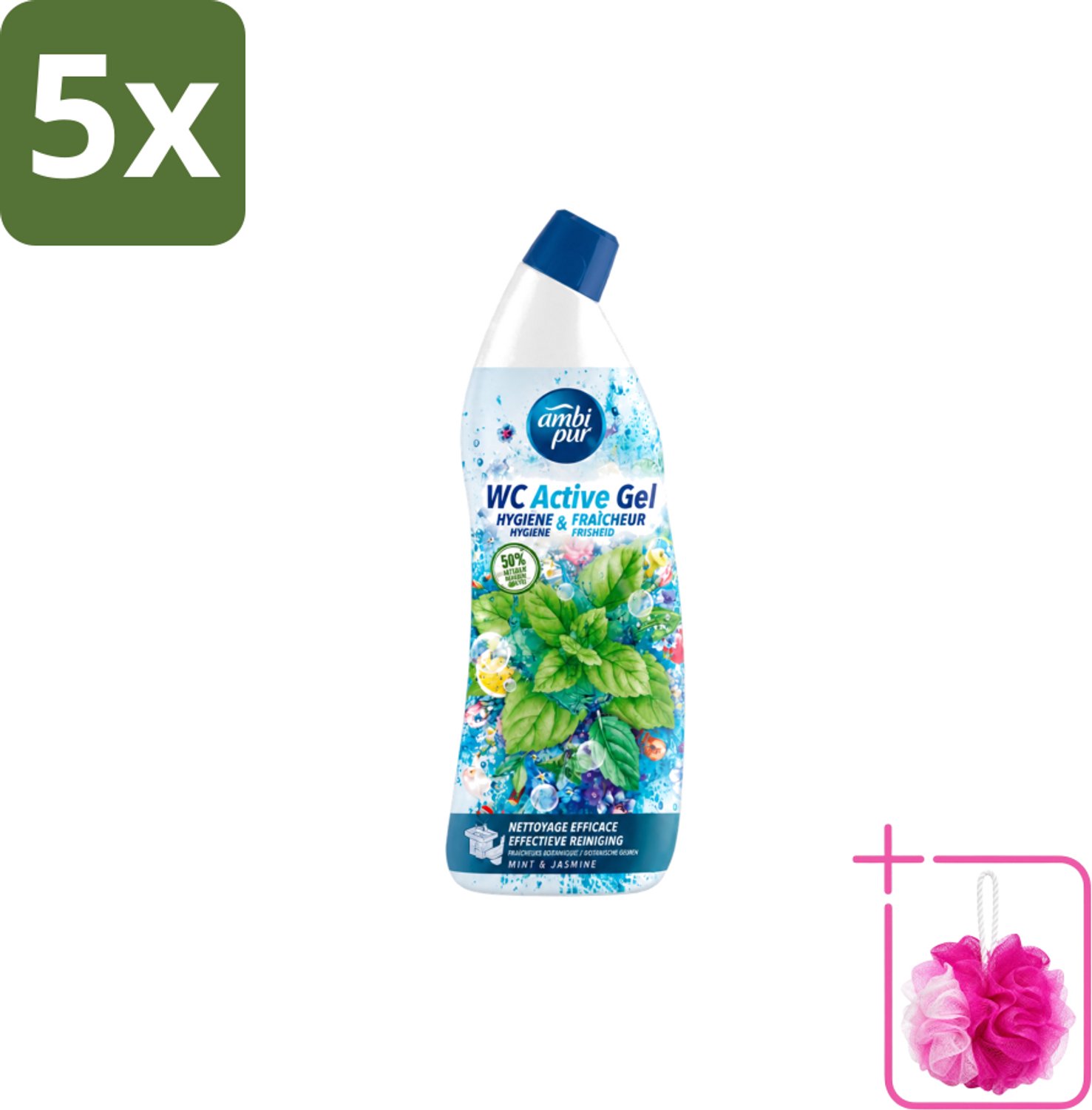 5 x Ambi Pur - Toiletreiniger - WC Active Gel - Mint & Jasmijn - 750 ml - Bulkverpakking - Toiletreiniger - Douchemop - Wc reinigen