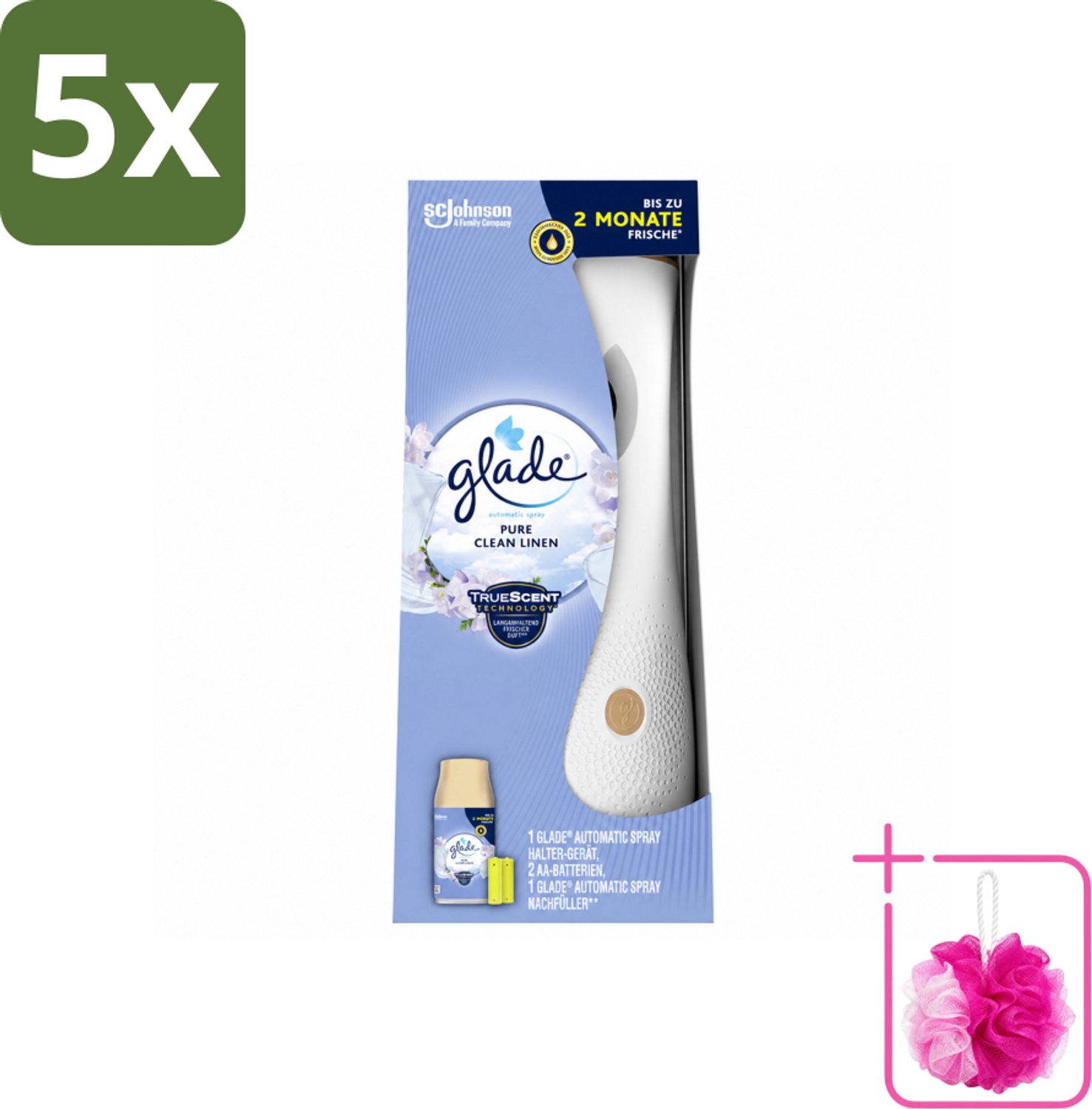 5 x Glade - Startset Automatische Spray - Pure Clean Linen - 269 ml - Bulkverpakking - Geur versgewassen linnengoed - Douchemop - Geur Pure Clean Linen