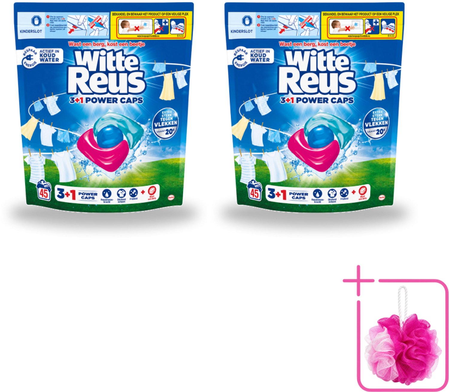 2 x Witte Reus - 3+1 Power Caps - Witte Was - 45 Wasbeurten - Bulkverpakking - Witte Reus Power Caps - Douchemop - Waskracht