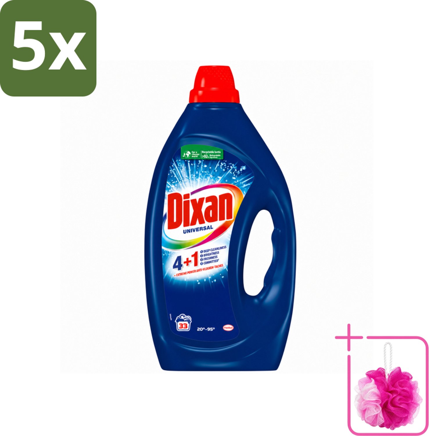 5 x Dixan - Vloeibaar wasmiddel - Universeel - 33 wasbeurten - Bulkverpakking - Wasmiddel - Douchemop - Vloeiend wasmiddel