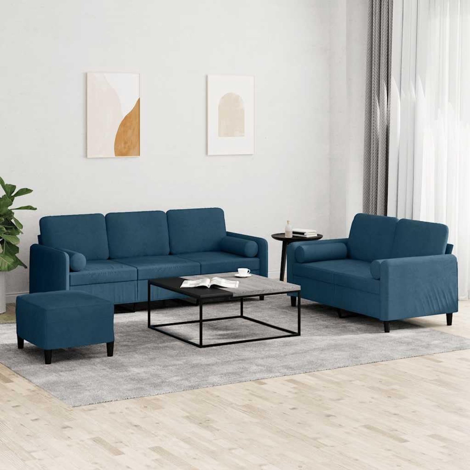 3-delige bankset met kussen, blauw fluweel, zachte velours sofa set met kruk, robuust metalen frame en dikke bekleding voor woonkamer