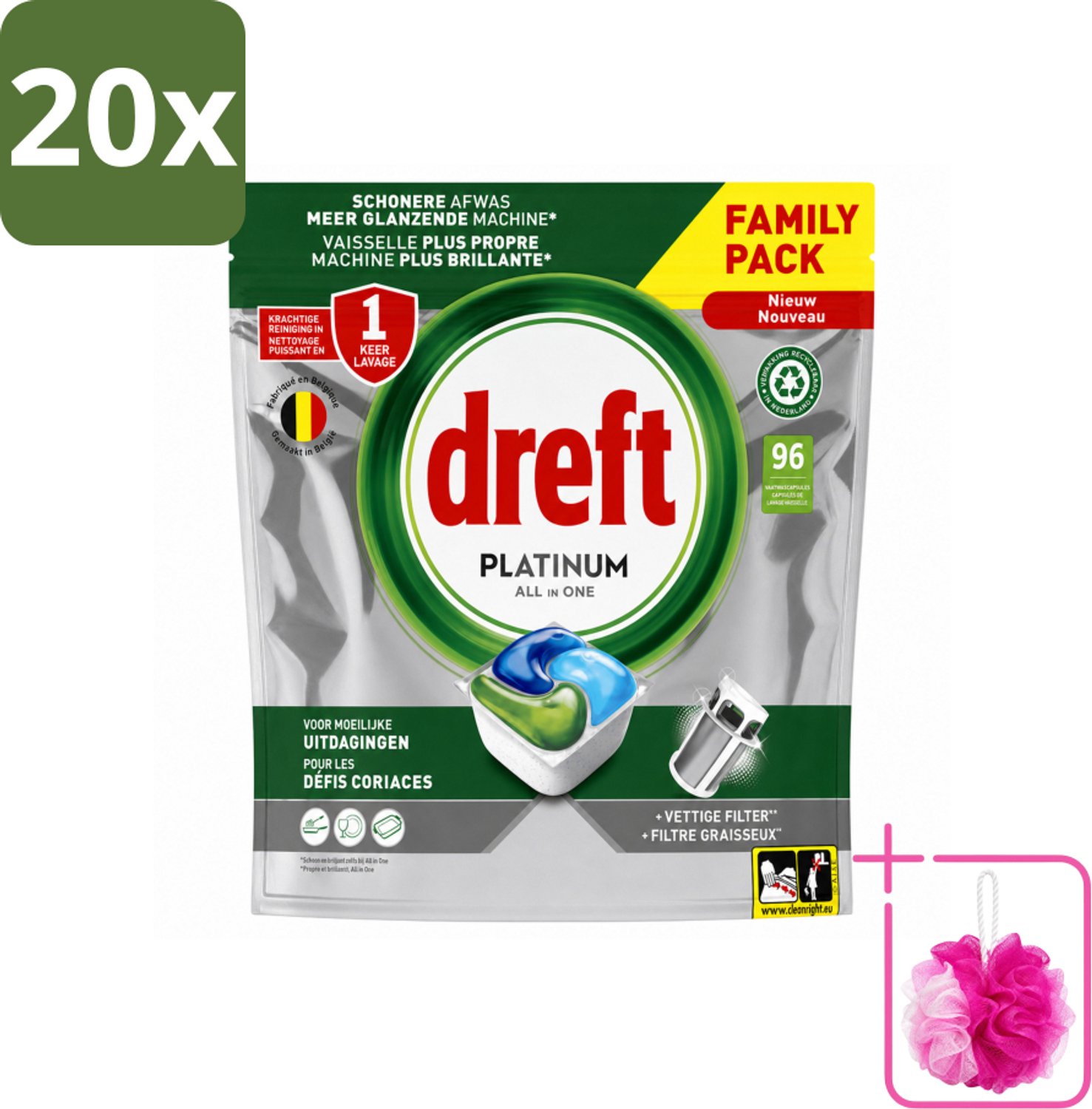 20 x Dreft - Vaatwastabletten - Platinum All-in-One Origineel - Grootverpakking - 96 Tabletten - Bulkverpakking - Vaatwasser - Douchemop - Vaatwasser tablet