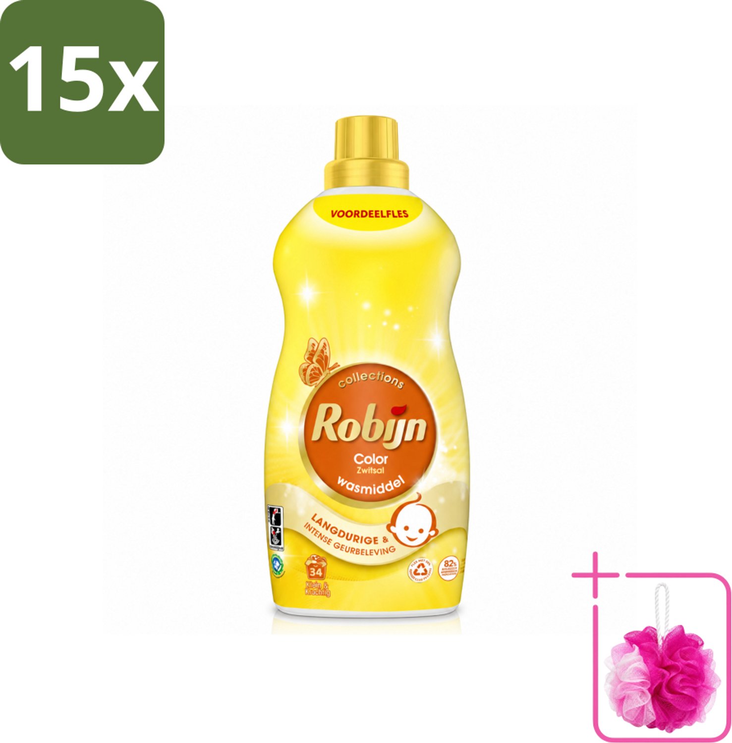 15 x Robijn - Klein & Krachtig Zwitsalgeur - Vloeibaar Wasmiddel - 34 Wasbeurten - 1,19 L - Bulkverpakking - Wasmiddel zwitsal - Douchemop - Kleur behouden