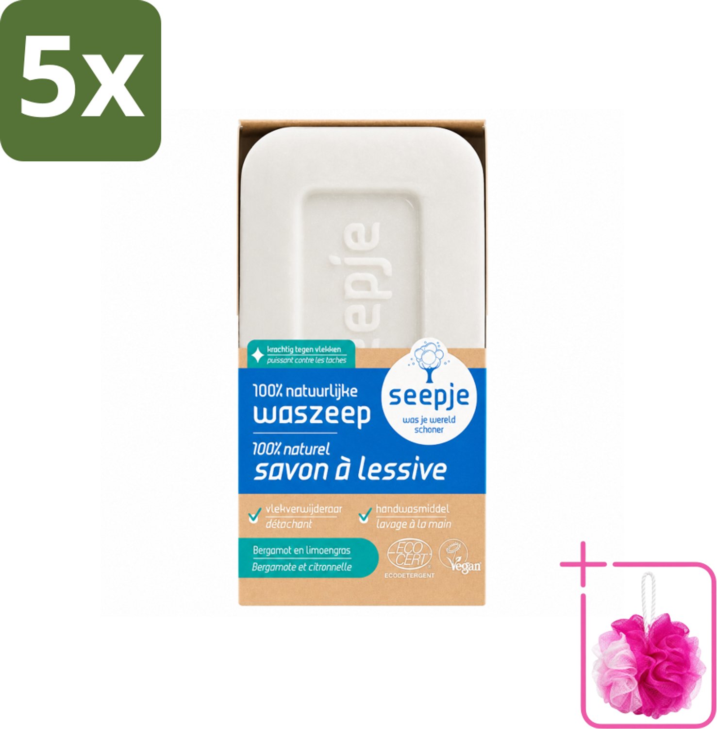 5 x Seepje - Waszeep - Handgemaakt & Natuurlijke Ingrediënten - Blok - 120 gr - Bulkverpakking - Natuurlijke wasmiddelen - Douchemop - Zeepblok