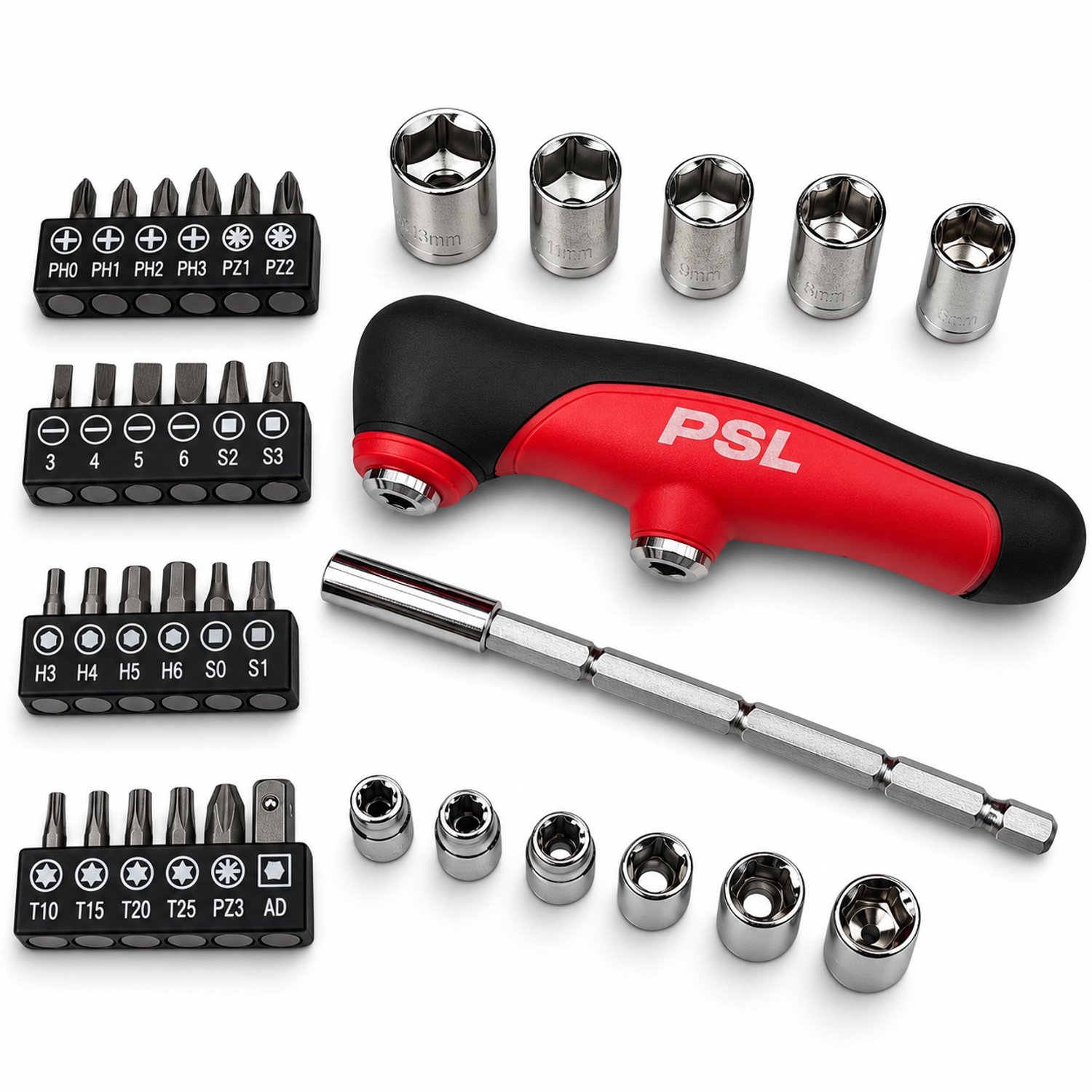Schroevendraaierset 37-delig T-greep Bitset en Dopsleutelset Doppen 4–14 mm Gereedschapset