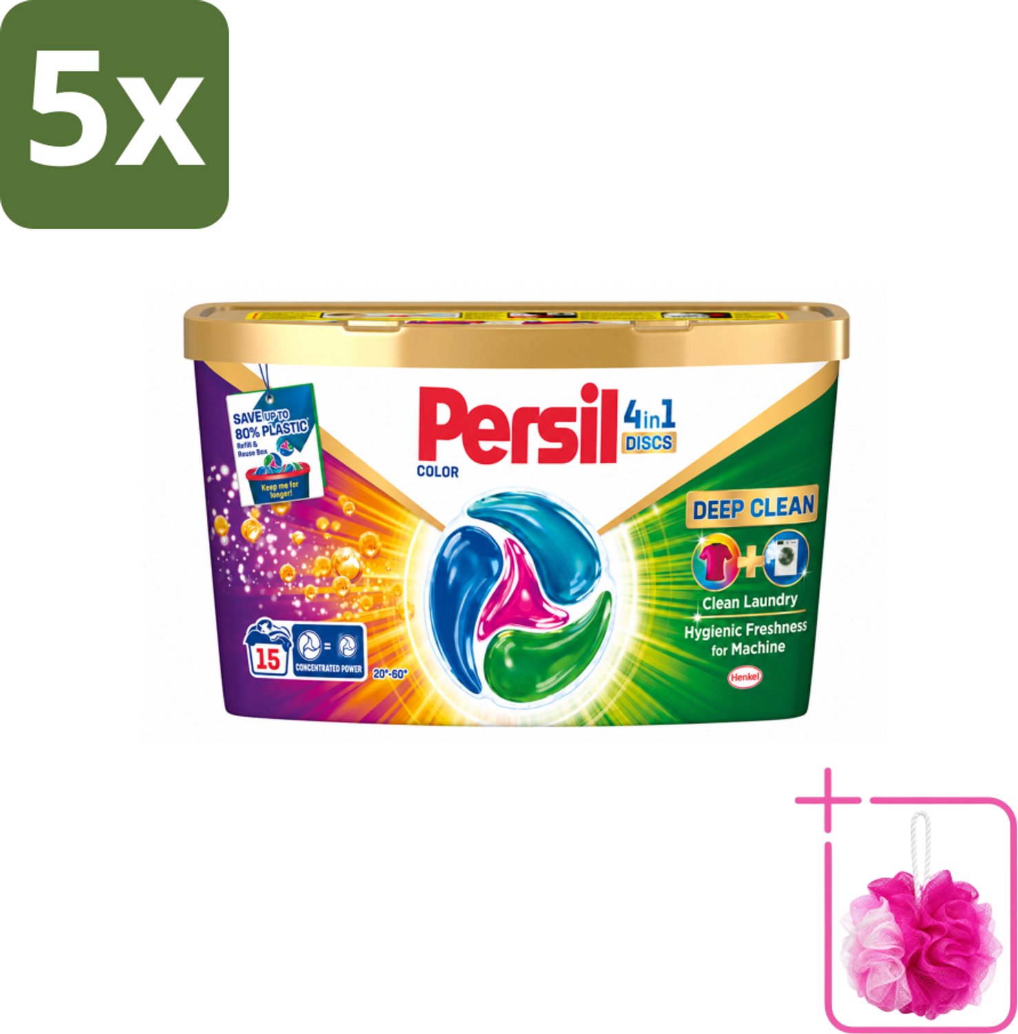 5 x Persil - Wasmiddel - Wasmiddelcapsules Discs Gekleurde Was - Voor Gekleurde Was - 15 wasbeurten - Bulkverpakking - Kleur - Douchemop - Wasmiddel
