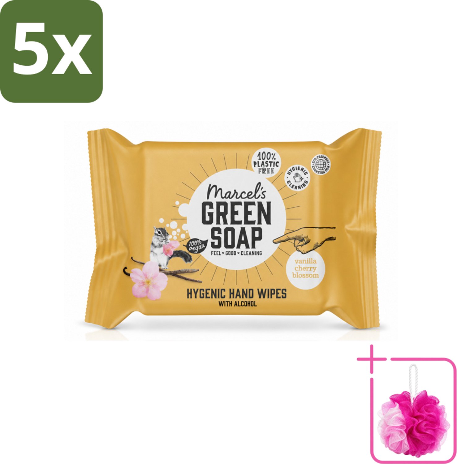 5 x Marcel's Green Soap - Hand doekjes - Vanille & Cherry Blossom - Mild & handig - 15 Doekjes - Bulkverpakking - Handdoekjes - Douchemop - Handdoek