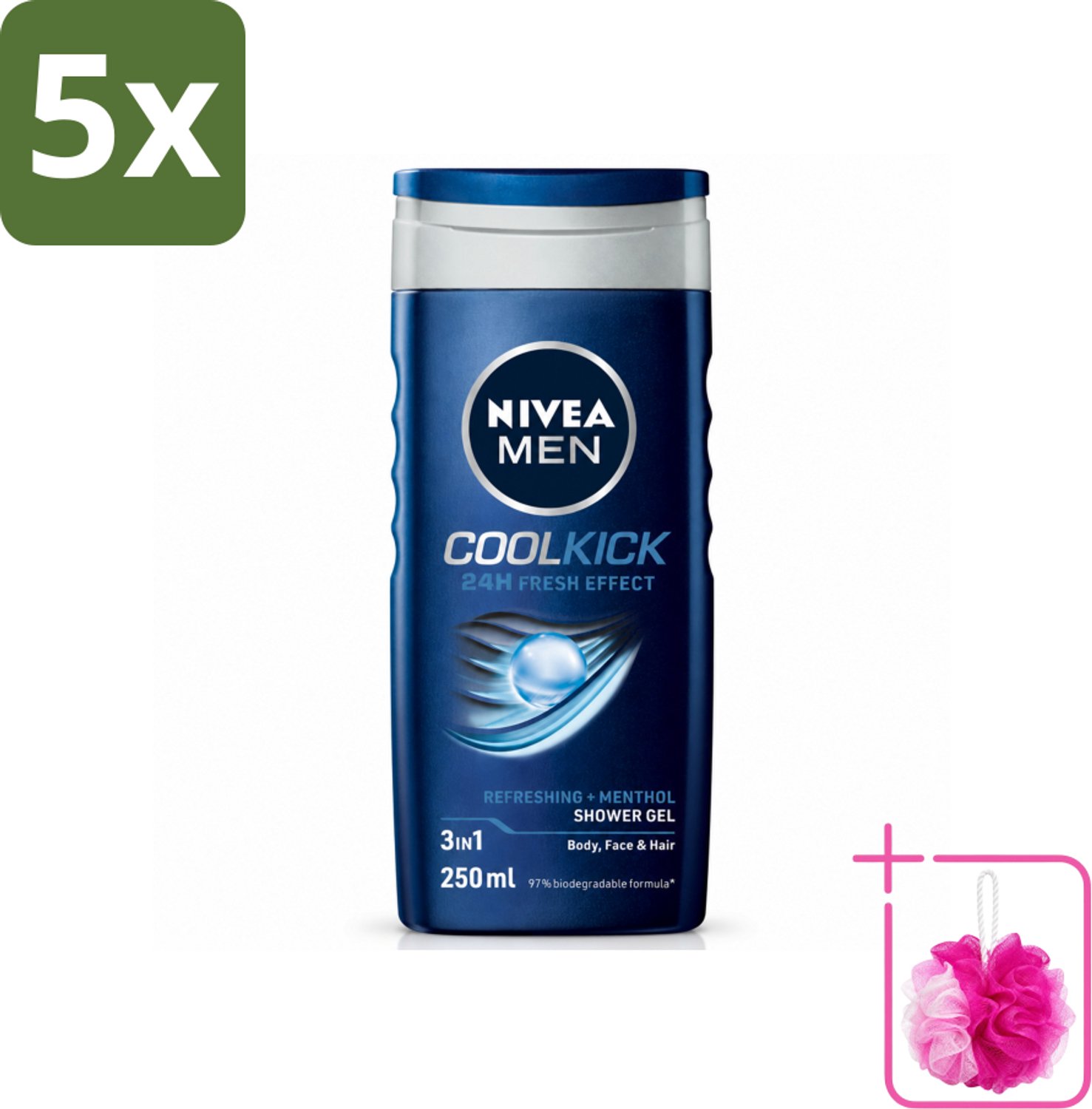 5 x NIVEA MEN - Douchegel - Cool Kick - 250 ml - Bulkverpakking - Douchegel - Douchemop - Shampoo