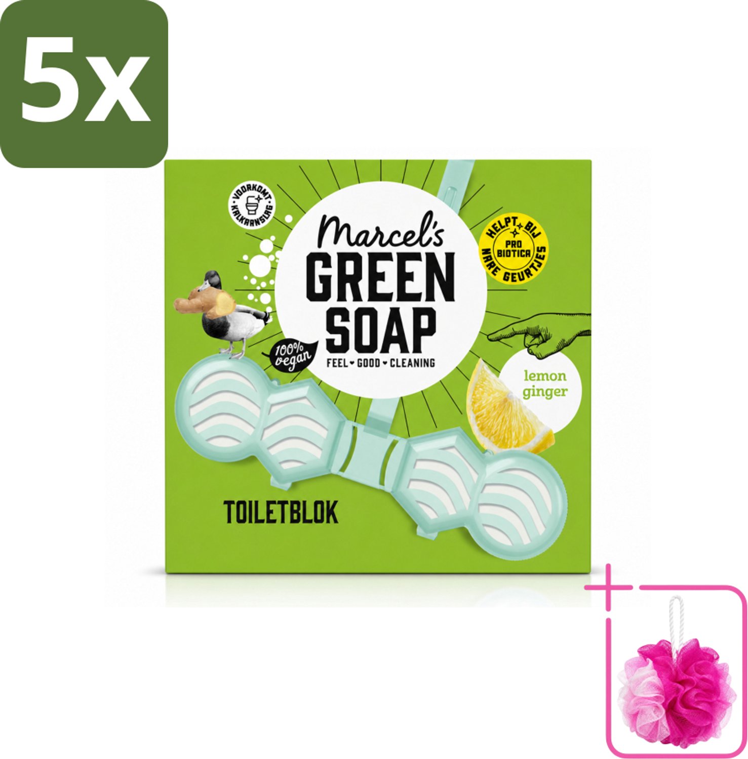 5 x Marcel's Green Soap - Toiletblok - Citroen & Gember - Langdurige werking - 1 Toiletblok - Bulkverpakking - Toiletblok citroen en gember - Douchemop - Natuurlijke toiletgeur