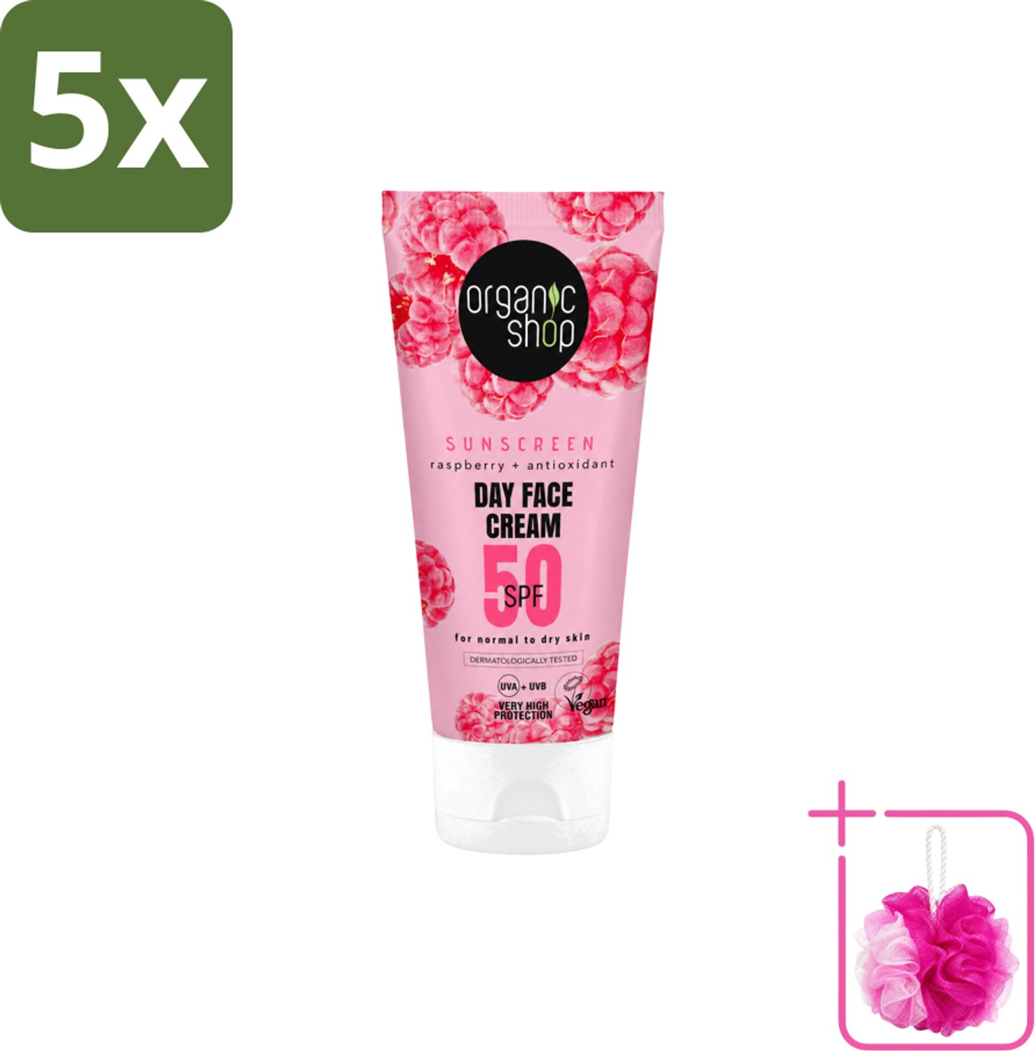 5 x Organic Shop - Zonnebrandcrème Gezicht SPF 50 - Normale Huid - 50 ml - Bulkverpakking - Zonbescherming gezicht - Douchemop - SPF 50