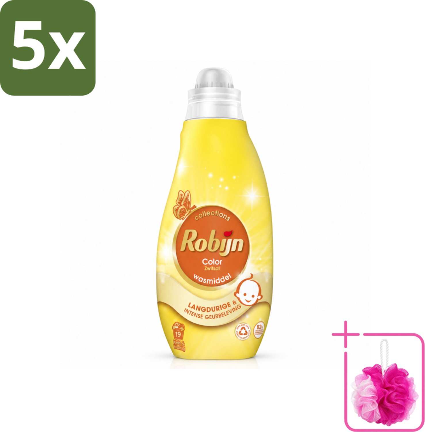 5 x Robijn - Klein & Krachtig Collections Color Zwitsal - Vloeibaar Wasmiddel - 19 Wasbeurten - Bulkverpakking - Wasmiddel kleurbehoud - Douchemop - Wasmiddel zwitsal