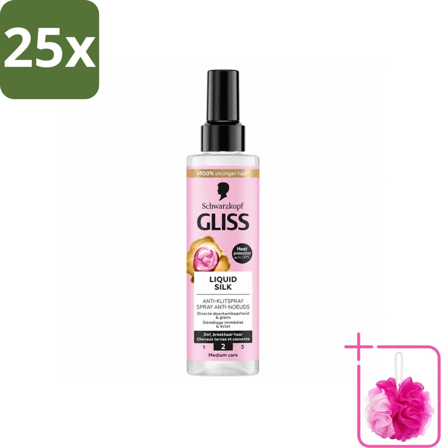 25 x Gliss - Anti-Klit Spray Liquid Silk Gloss voor Glanzend en Klitvrij Haar - 200 ml - Bulkverpakking - Ontwarren haar - Douchemop - Glansspray