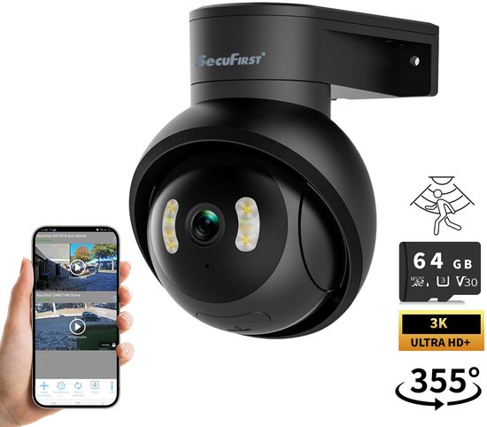 Zwarte SecuFirst domecamera met 3K-resolutie, 355-graden draaibaar, inclusief 64GB opslag en app-besturing via smartphone.