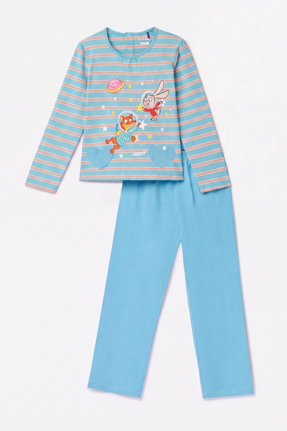 Woody pyjama meisjes/dames - blauw gestreept - space buddies - 262-10-PLG-S/904 - maat 98