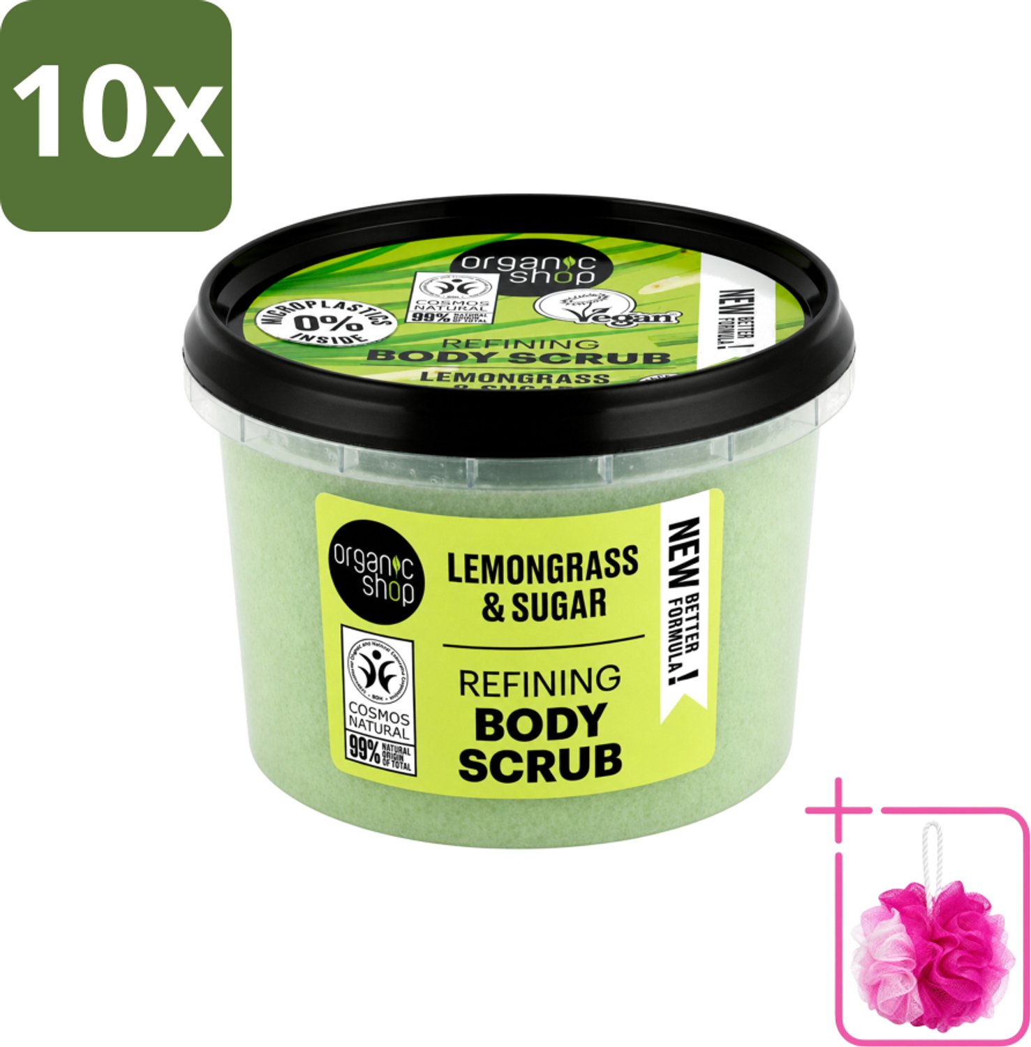 10 x Organic Shop - Body Scrub Lemongrass - Verfrissend en Verzorgend - 250 ml - Bulkverpakking - Bodyscrub - Douchemop - Exfoliatie