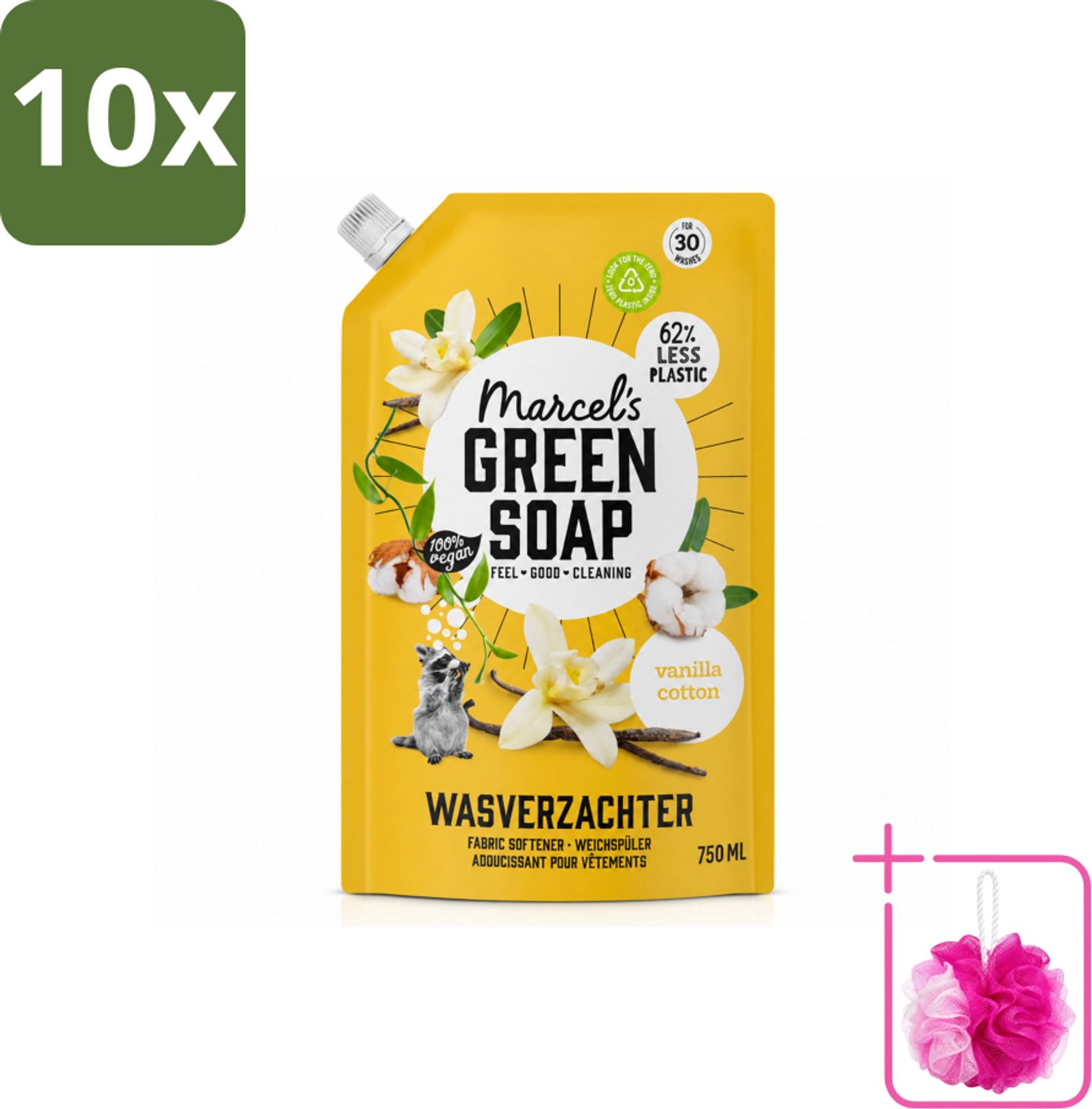 10 x Marcel's Green Soap - Wasverzachter - Navulling - Katoen & Vanille - Zachte frisheid- 30 Wasbeurten - 750 ml - Bulkverpakking - Wasverzachter - Douchemop - Wasgoed zachter maken