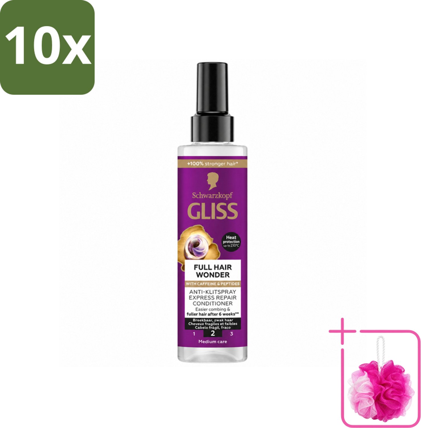 10 x Gliss - Anti-Klit Spray Full Hair Wonder - Voor Voller en Sterker Haar - 200 ml - Bulkverpakking - Haarkleur - Douchemop - Haarkleur