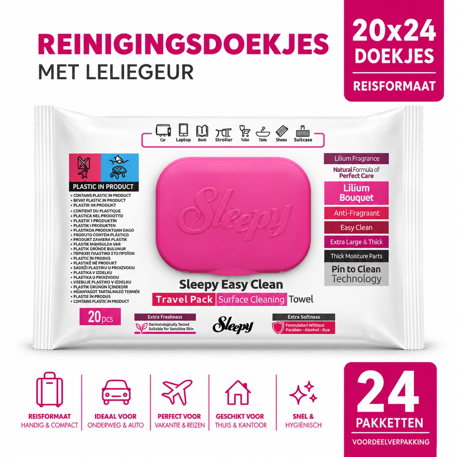 Sleepy Easy Clean Travel Pack Schoonmaakdoekjes Lelieboeket 24 x 20 Stuks (480 Doekjes) – Vochtige Reinigingsdoekjes voor Thuis, Auto, Camping & Reizen
