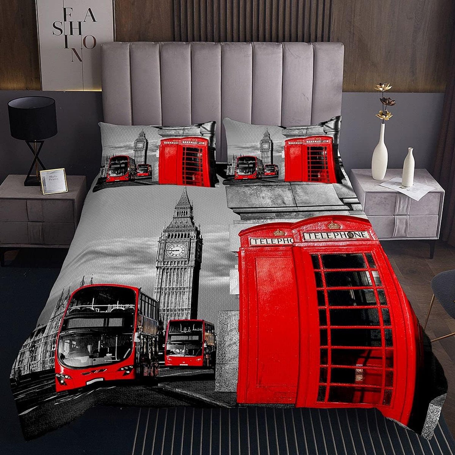 Gewatteerde Sprei Kids Rode Telefoon Booth Coverlet Romantische Stad Landschap Oude Straat Grote Ben Vintage Retro Beddengoed Cover 3 Stks King Size