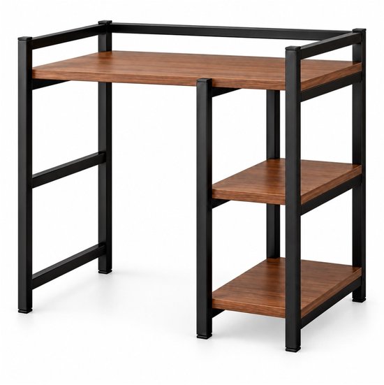 Bureau met zwart metalen frame en houten legplanken voor wasmachine of droger.