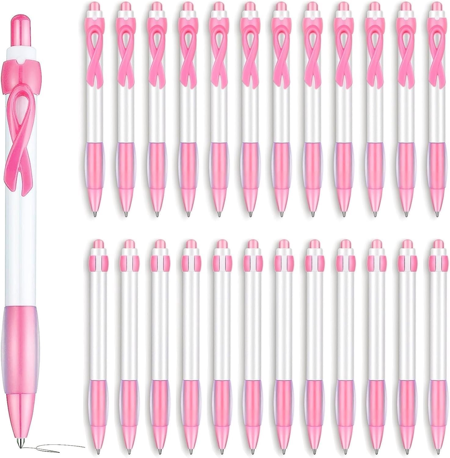 Bewustmakingsdecoraties voor borstkanker - 12 balpennen met roze lint en 12 sleutelhangers, inspirerende briefpapier en geschenken voor evenementen in oktober en dagelijkse ondersteuning