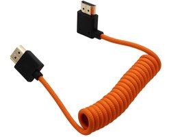 Links Hoek HDMI Kabel 8K60 4K120 Dunne Kabel voor ATOMOS Ninja V, Geschikt voor Sony FX3 FX9 A9 A1 A7RV A7IV A7SIII, Lumix G9M2 GH5S GH6 S1, Nikon Z8, Canon C70 R5 Mark II, Oranje Gewoven Coiled Kabel