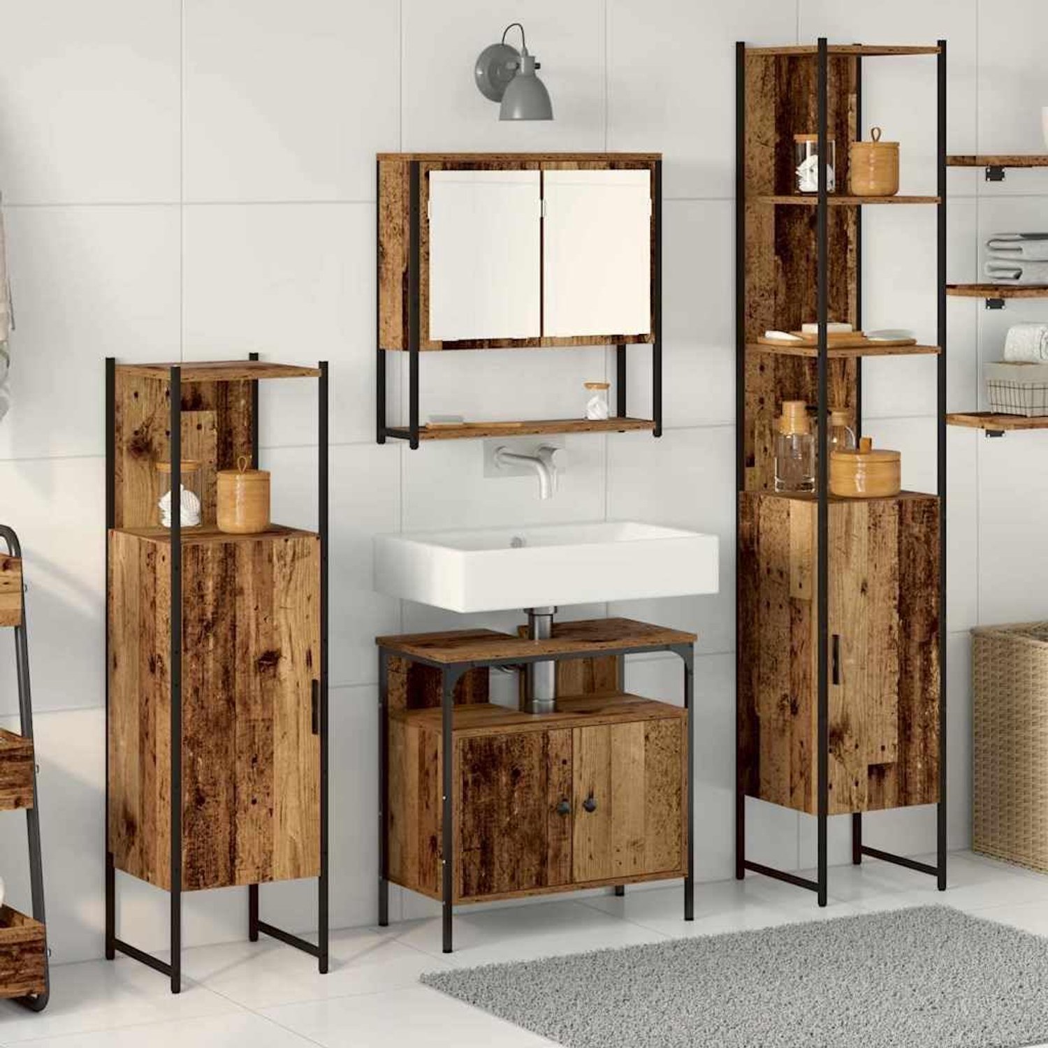 Badkamermeubelset 4-delig oud hout 33x33x185,5 cm zwevende kast