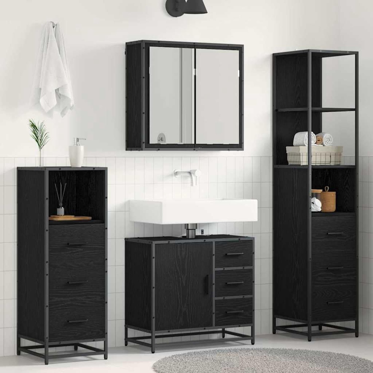 Badkamermeubelset 4 stuks zwart eiken look houtmateriaal