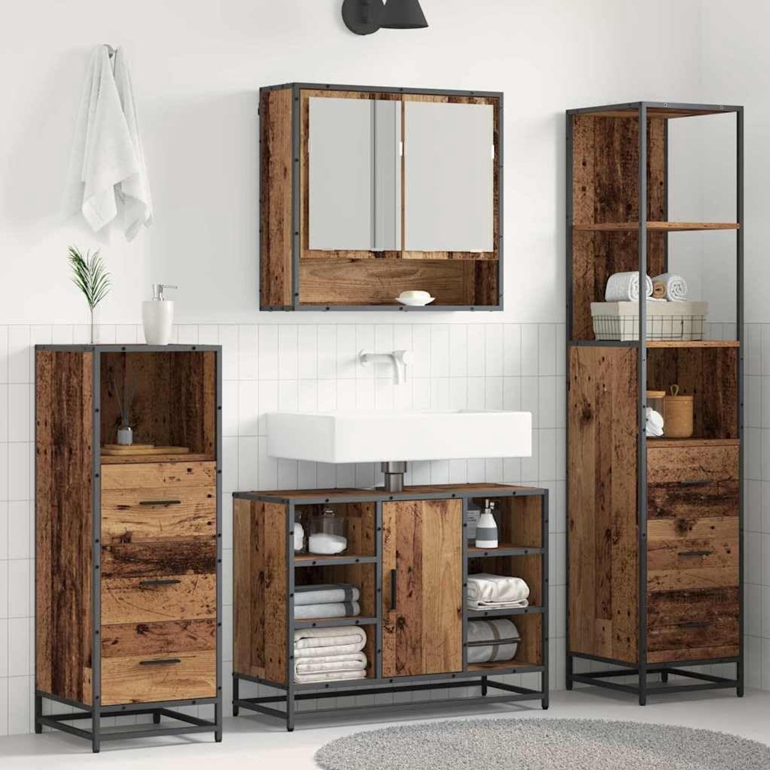 Badkamermeubelset 4 stuks. Oud hout 80 x 33 x 60 cm, spiegelkast