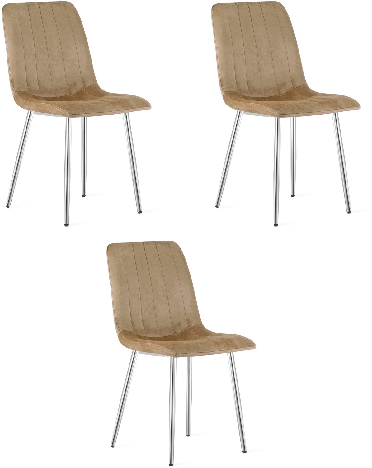 LEOBERT LAVA Eetkamerstoelen – Set van 3 – Bruin Velvet – Chromen Metalen Poten – Comfortabele Zitting – Modern en Elegant Design – Voor Woonkamer, Keuken, Eetkamer en Slaapkamer
