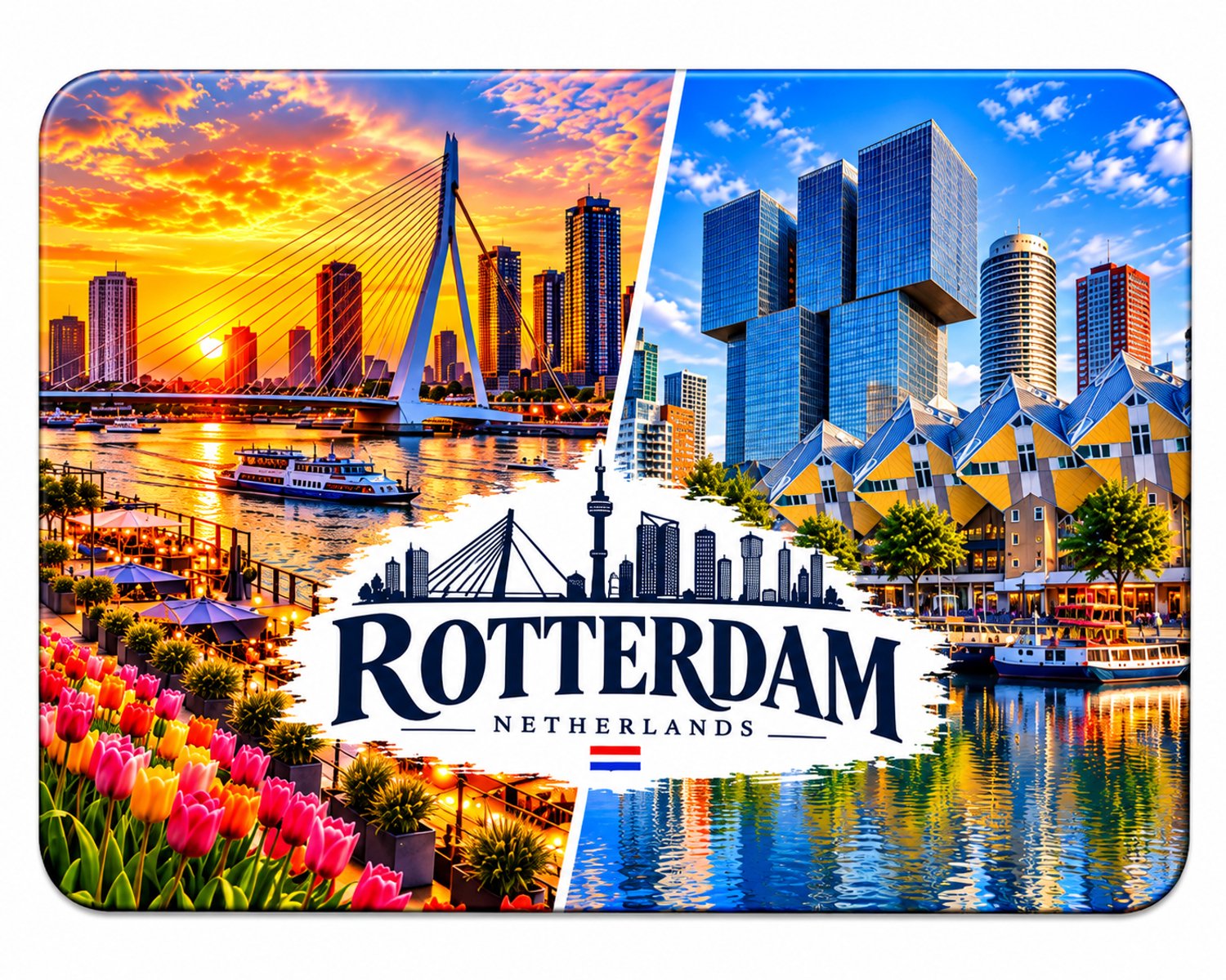 Koelkastmagneet MDF Rotterdam – Stads collage met Erasmusbrug en Kubuswoningen – Souvenir – 9 x 7 cm