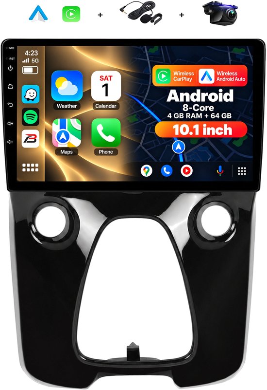 Boscer 2 Din Autoradio - Geschikt voor Toyota Aygo, Citroën C1 & Peugeot 108 (2014-2021) - Draadloos Apple CarPlay & Android Auto - 8-Core Snapdragon - 10.1 Inch HD Touchscreen - WiFi, Bluetooth & USB - Achteruitrijcamera & Microfoon