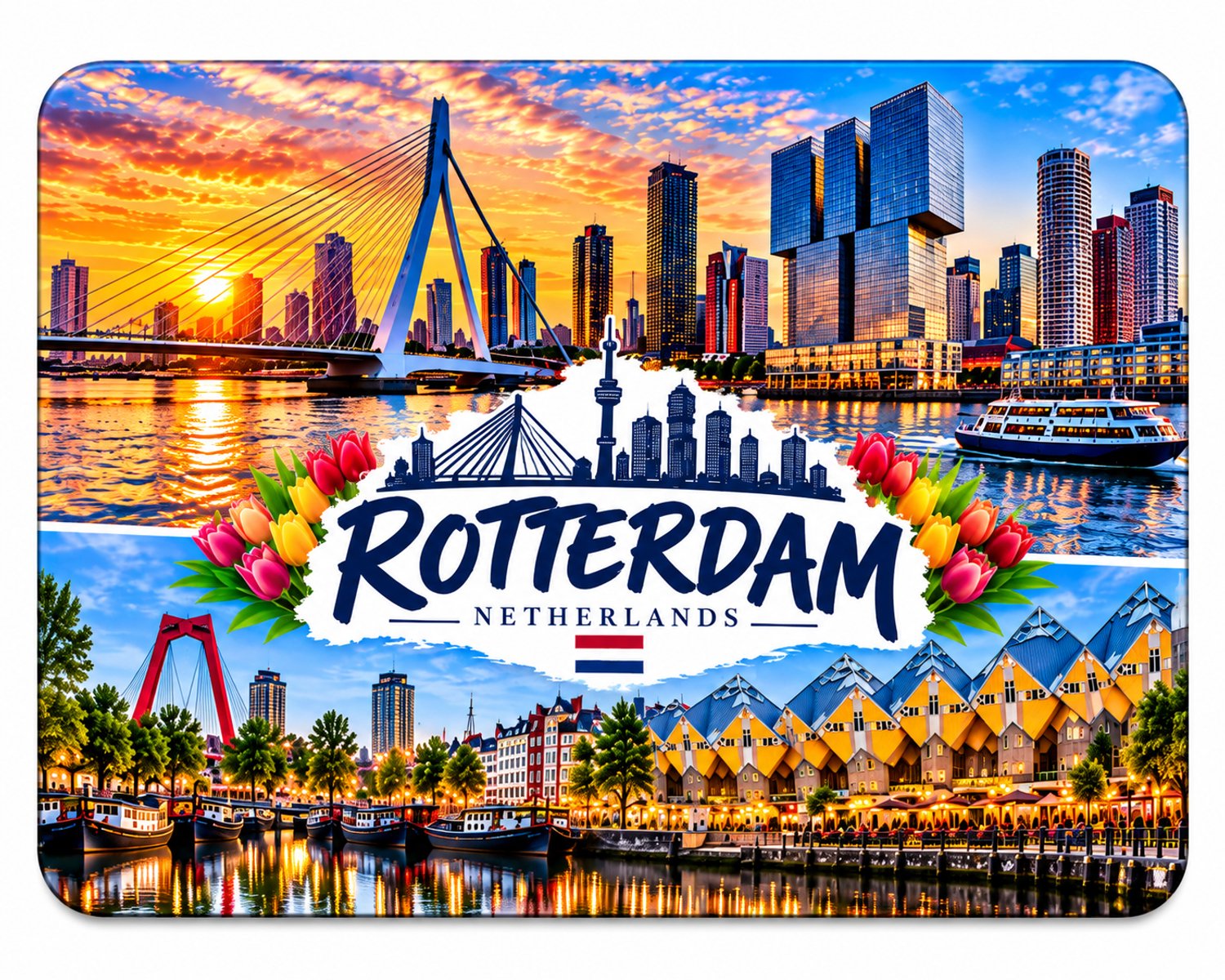 Koelkastmagneet MDF Rotterdam – Stads collage met skyline, Erasmusbrug en Kubuswoningen – 9 x 7 cm