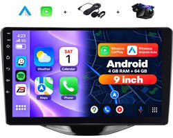 Boscer Autoradio - Geschikt voor Toyota Aygo, Citroën C1 & Peugeot 108 (2015–2020) - 4+64GB Android 15 - 9 Inch HD Touchscreen (1280x720) - Draadloze Apple CarPlay & Android Auto - GPS, WiFi & Bluetooth - Camera & Microfoon