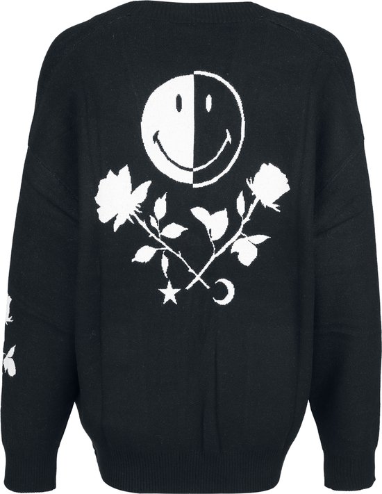 Achterkant van zwart vest met grote Smiley, rozen, ster en maangraphics.