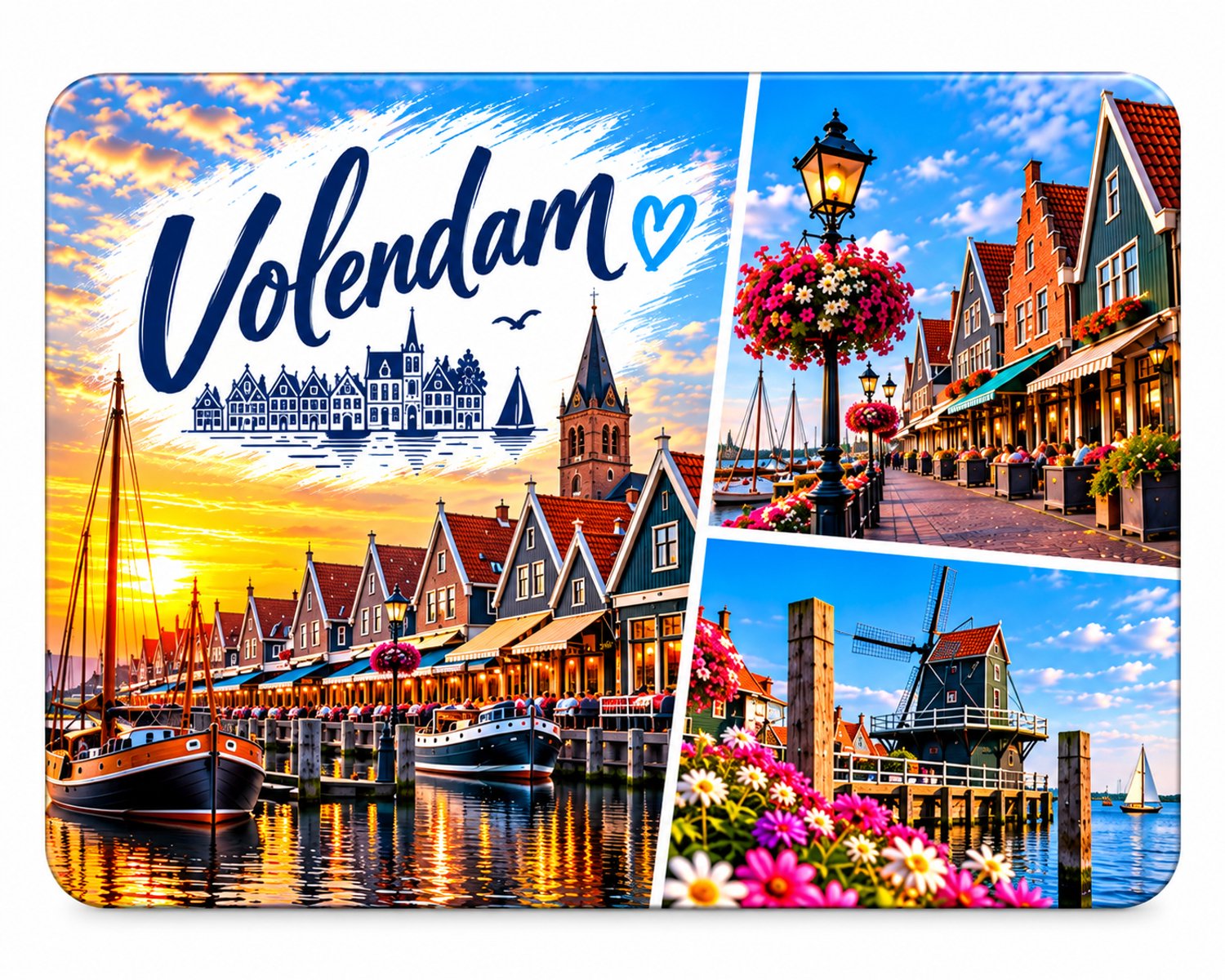Koelkastmagneet MDF Volendam – Collage met haven, historische huizen en molen – Souvenir – 9 x 7 cm