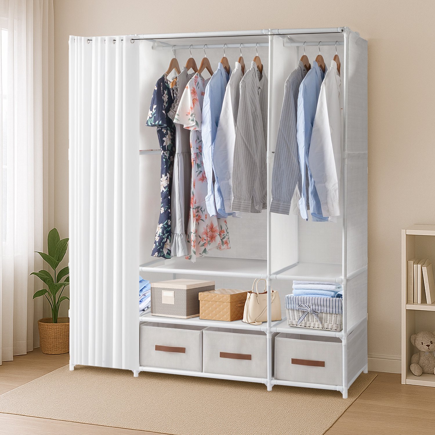 LEADZM Kledingkast - Wit - 144 x 45 x 166,5 cm - met 3 kledingroedes en 4 opbergboxen