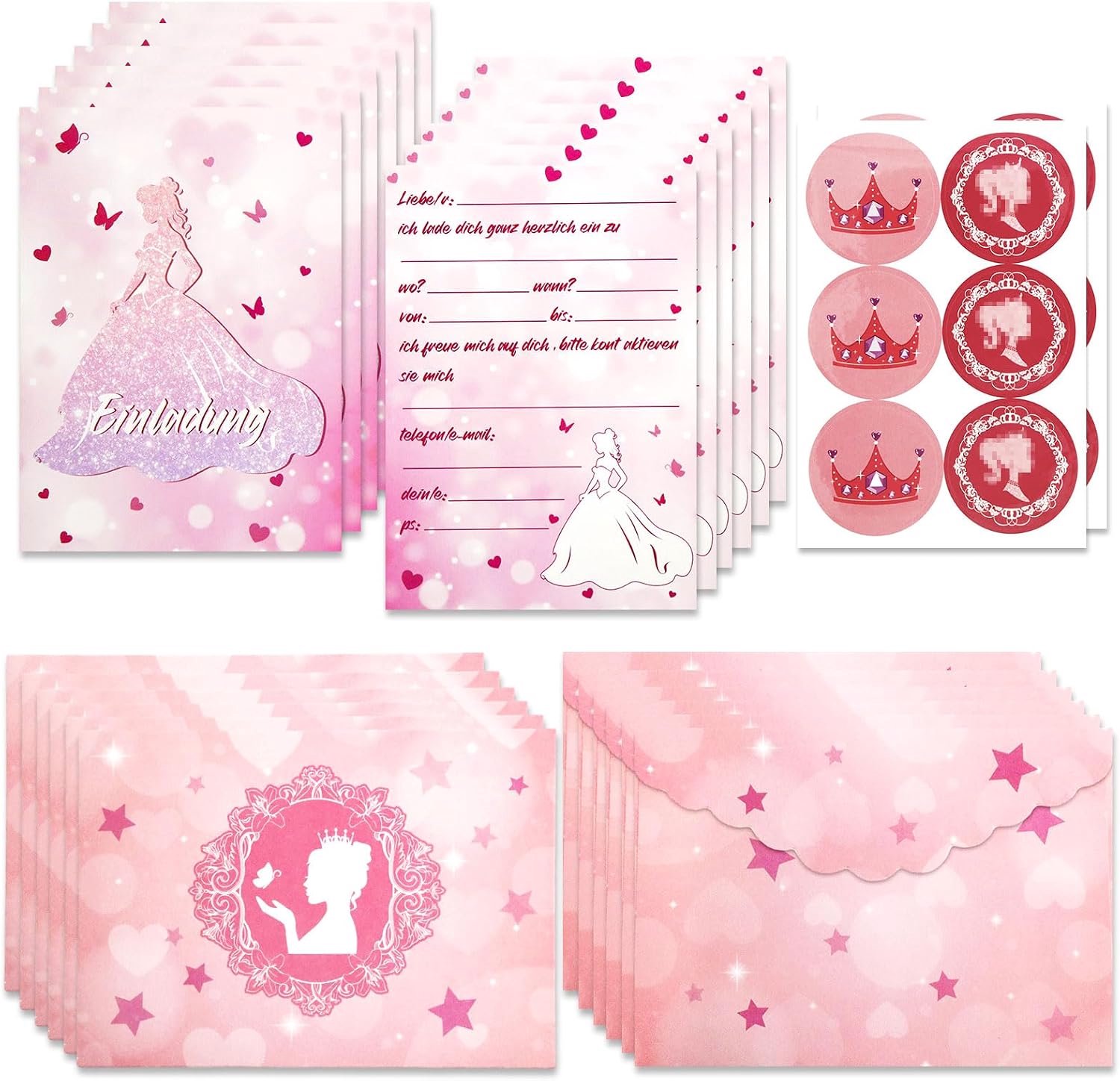 Verjaardagsuitnodigingen voor meisjes, prinsessen thema, 12 stuks met enveloppen en stickers