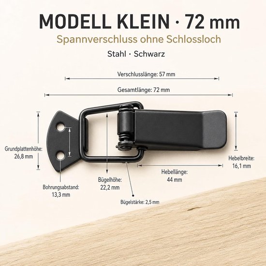 4 stuks spanclips 72 mm, zwart, zonder slotgat, met schroeven — afbeelding 2