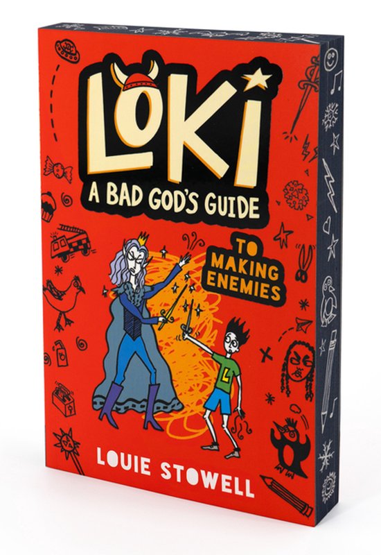 Boekomslag 'Loki: A Bad God's Guide to Making Enemies' met illustraties van Loki en een jongen op een rode achtergrond.