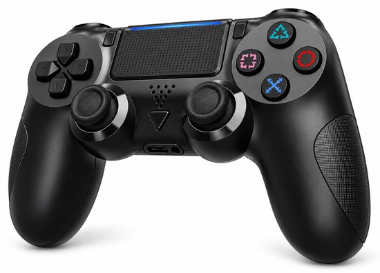 Zwarte draadloze controller met twee joysticks, d-pad en gekleurde actieknoppen.