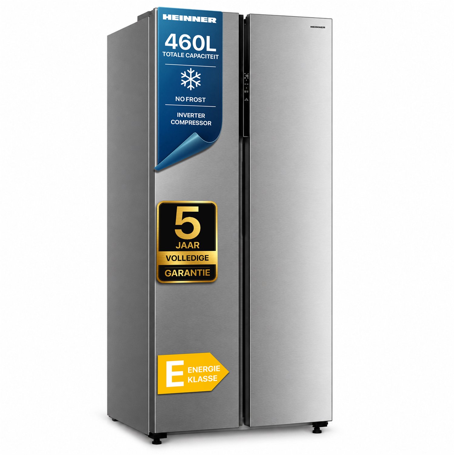 Heinner HSBS-M460NFINVXE++ American Side-by-Side Koelkast – 460 L – Total No Frost – Inverter Compressor – Energieklasse E – Touchbediening – Super Cooling – Super Freeze – Open-deur Alarm – Kinderslot – RVS – 5 Jaar Garantie