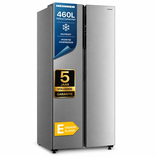 Heinner HSBS-M460NFINVXE++ American Side-by-Side Koelkast – 460 L – Total No Frost – Inverter Compressor – Energieklasse E – Touchbediening – Super Cooling – Super Freeze – Open-de…