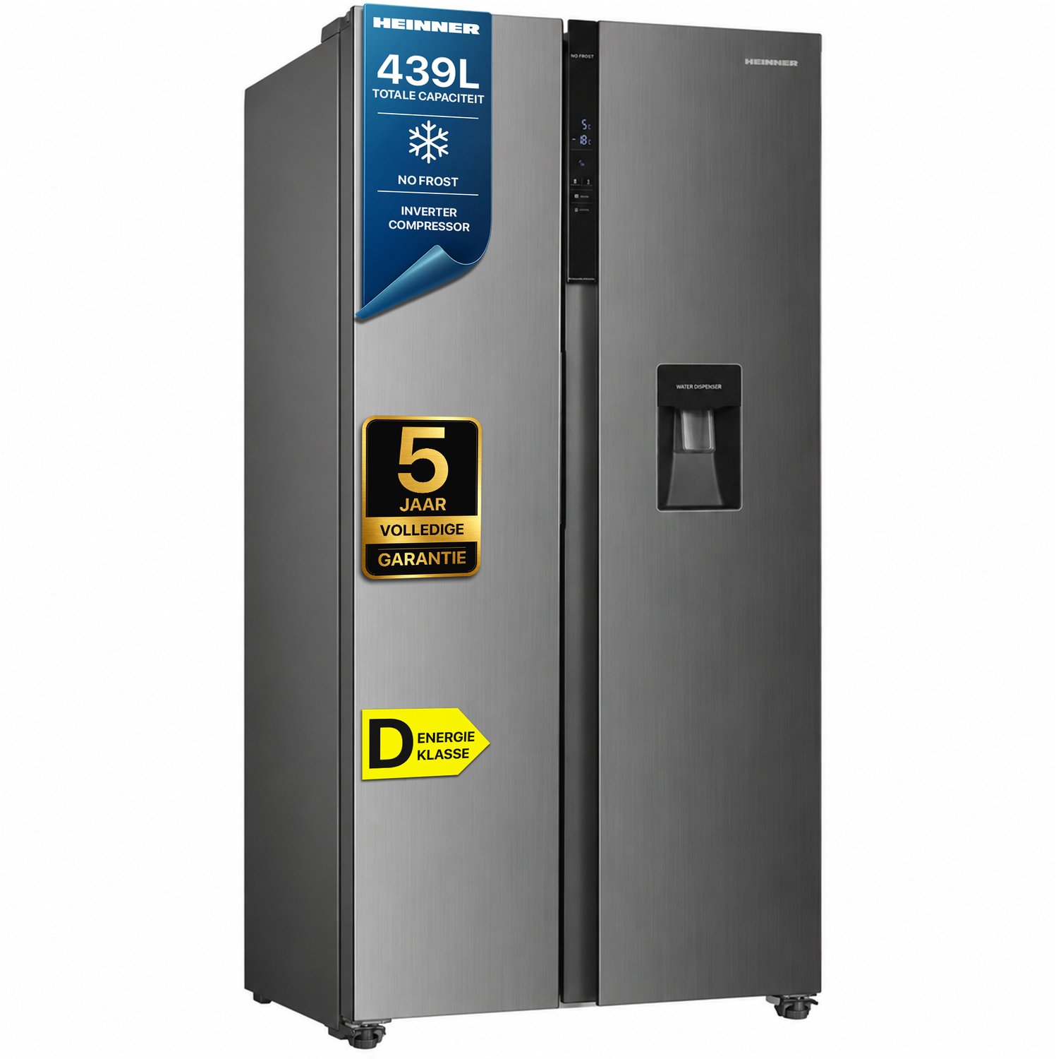 Heinner HSBS-HM439NFINVXWDD American Side-by-Side Koelkast met Waterdispenser 439 L – Smart-functie – ECO-functie – Deur-alarm – RVS – 5 Jaar Garantie