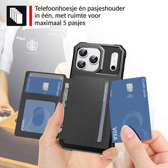 Zwart telefoonhoesje met geïntegreerde kaarthouder voor maximaal 5 pasjes.