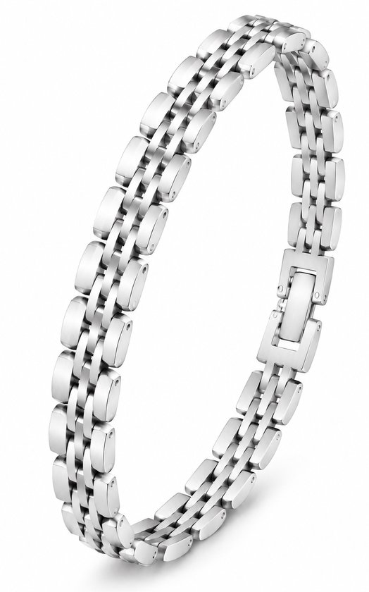 Gepolijste, zilverkleurige roestvrijstalen herenarmband met een fijn schakelontwerp en vouwsluiting.
