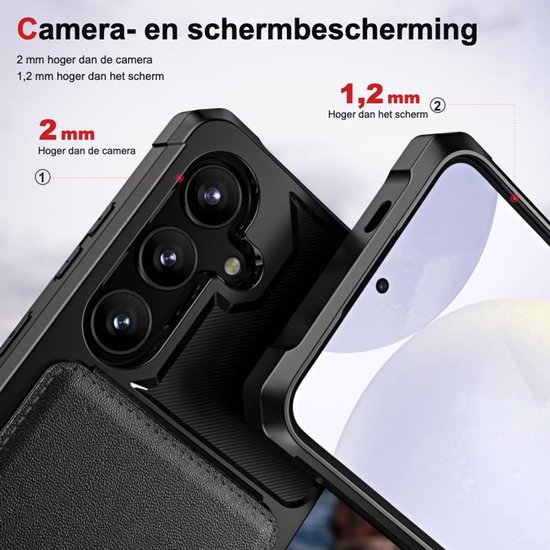 Zwarte telefoonhoes met verhoogde randen van 2 mm voor camera en 1,2 mm voor het scherm.