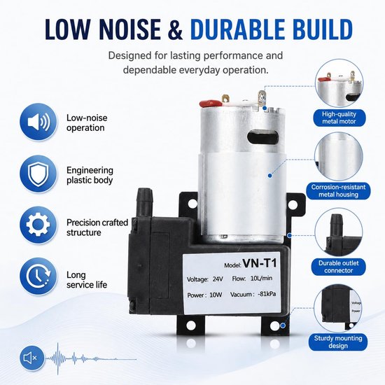 Vacuümpomp DC Mini, 12 V/24 V Micro DC vacuümpomp, industriële pomp met laag geluidsniveau, 10 l/min, stroomregelaar, 81 kpa luchtpomp van kunststof (Dc24v) — afbeelding 4