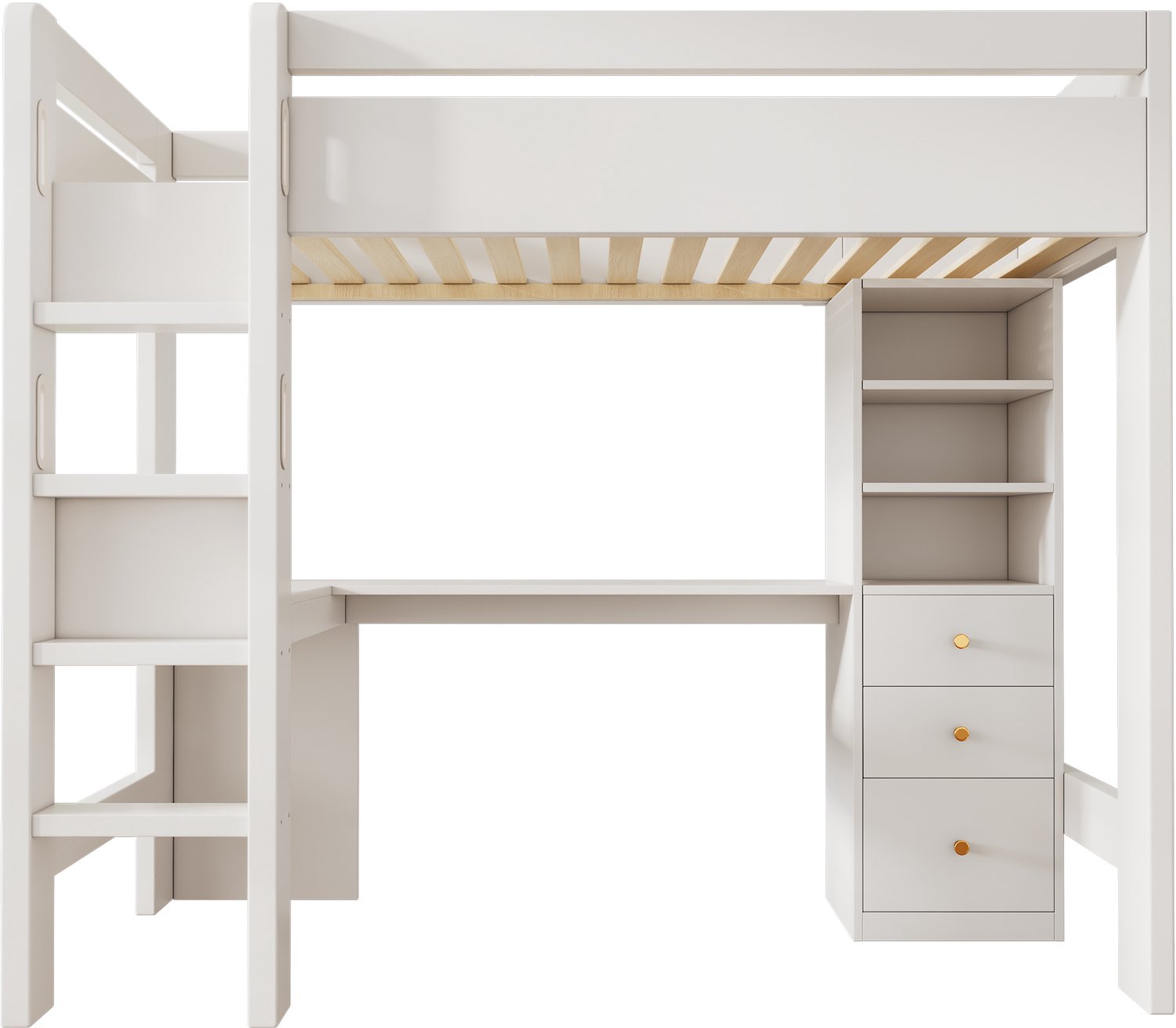 Welltin Hoogslaper met L-vormig hoekbureau - Drie laden en legplanken - USB- en USB-C-oplaadpoorten - Kinder- en tienerkamer - 90x200 cm - Wit