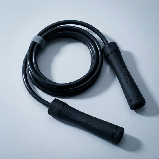 Zwart Elevate Rope springtouw opgerold op een lichtgrijze achtergrond.